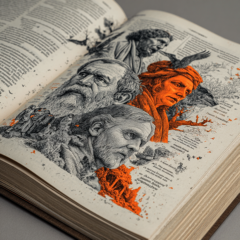 Een symbolische zwart-witillustratie van een open Bijbel, met oude Hebreeuwse letters en gloeiende karakters die uit de pagina's oprijzen.