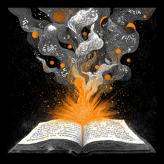 Hebreeuwse letters wervelen dynamisch in abstracte patronen, sommige vet en zwart als kalligrafisch vuur