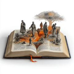 Een symbolische zwart-witillustratie van een open Bijbel, met oude Hebreeuwse letters en gloeiende karakters die uit de pagina's oprijzen.